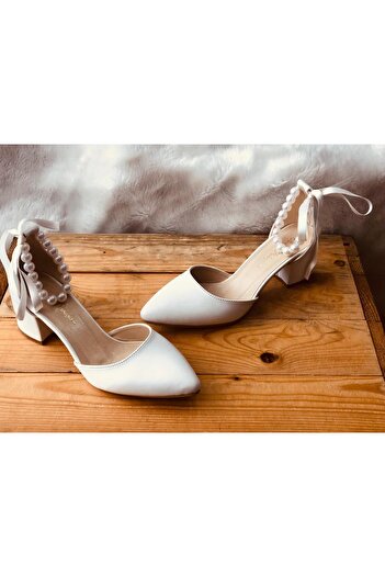 İlkinin Pabuçları Pearl Ankle Detailed Wedding Shoes, White Shoes, Comfortable Bridal Shoes with 5cm Thick Heels
