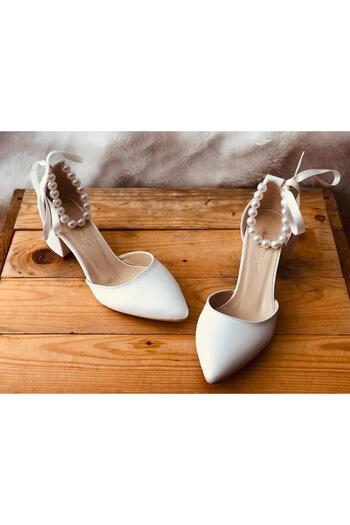 İlkinin Pabuçları Pearl Ankle Detailed Wedding Shoes, White Shoes, Comfortable Bridal Shoes with 5cm Thick Heels