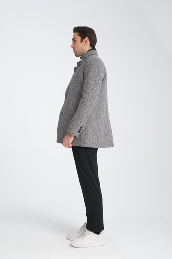 Frappoli Men's Patterned Stamp Coat - Stand Collar and Knitted Ribbed Collar Standard Fit