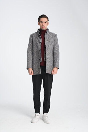 Frappoli Men's Patterned Stamp Coat - Stand Collar and Knitted Ribbed Collar Standard Fit