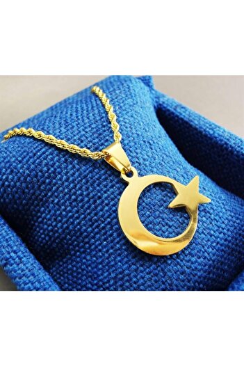 OSMANLI GÜMÜŞ Gold Color Crescent Star Flag Men's Steel Necklace Chain