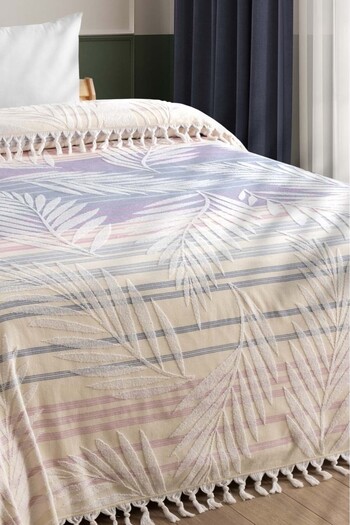 Sevim Tropical Patterned 100% Cotton Double Towel Bedspread - Burgundy Striped Yellow, 220X240 cm