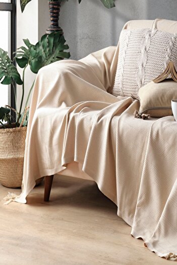 Miracolo Home Açık Kahve Pamuklu Dekoratif Koltuk Örtüsü 170x230 Boyutlu Optimal Kaymaz Tasarım