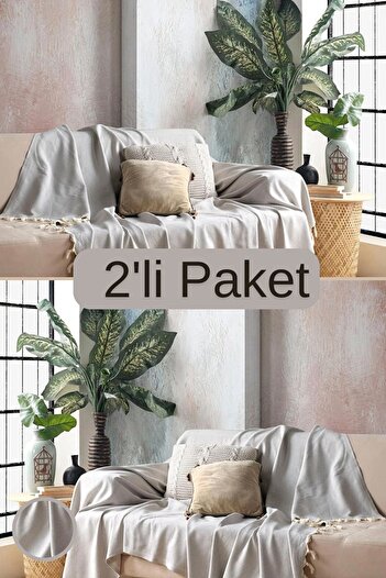 Miracolo Home Naturel Renk Pamuklu Dekoratif Koltuk Örtüsü Set 170x230 Boyutlu Optimal Kaymaz Tasarım (2 ADET)