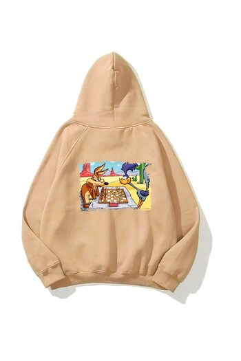 The Champ Clothing Φούτερ με κουκούλα Fleece Chess Cartoon με στάμπα μπεζ Unisex Oversize φούτερ με κουκούλα