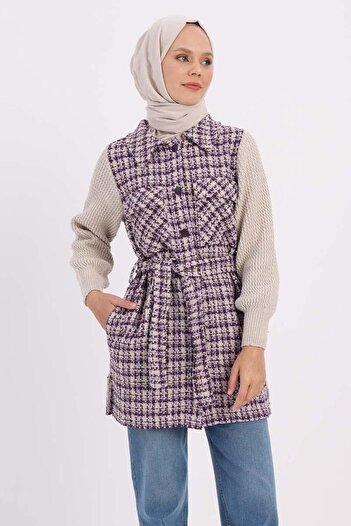 ALLDAY Purple-Knitwear Garnished Belted Tweed Cardigan
