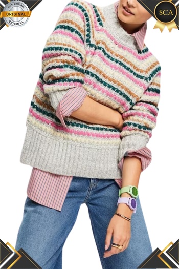 SCA Cotton Turtleneck Slit Striped Sweater