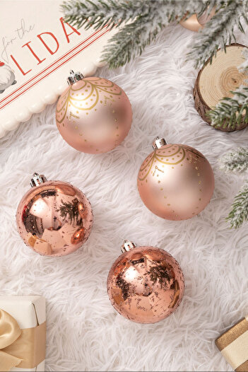 Karaca Anul Nou Set de 4 Ornament pentru copac de Anul Nou Roz și Roz Mat 8 Cm