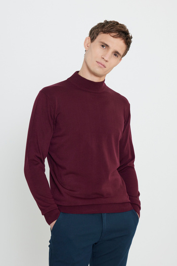 George Henry Non-Pilling Anti-Pilling Standard Fit Regular Cut Half Turtleneck Men's Burgundy Knitwear Sweater