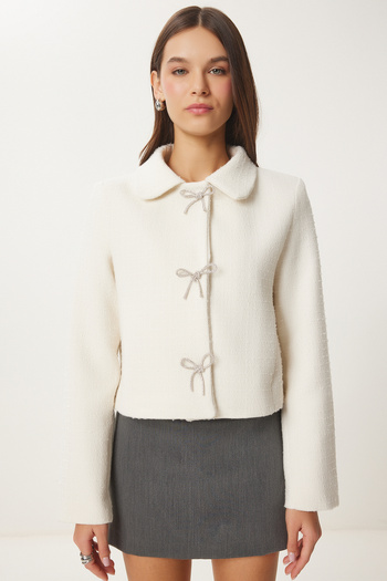 Happiness İstanbul Women's Bone Stylish Bow Detail Tweed Jacket To00160