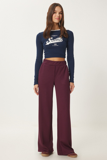 Happiness İstanbul Women's Burgundy Casual Wide Leg Interlock Trousers Ub00296