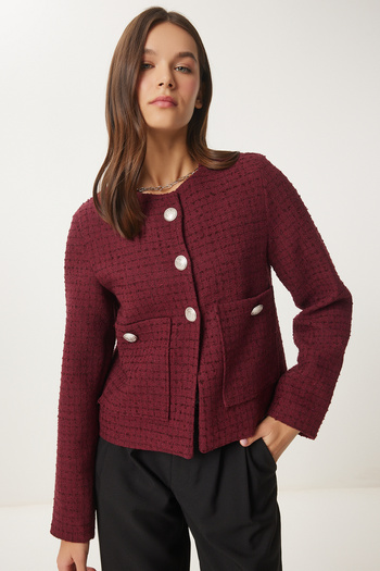 Happiness İstanbul Women's Burgundy Buttoned Tweed Jacket Wf00048