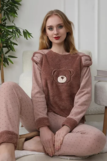 Trendyol Collection Wellsoft zimní pletené pyžamo - puntíkovaný medvídek, hnědá Thmaw25Pt00240