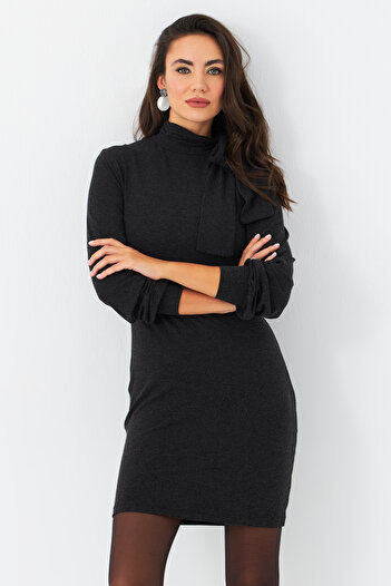 Cool & Sexy Dámské antracitové midi šaty s ohlávkou Ey2971