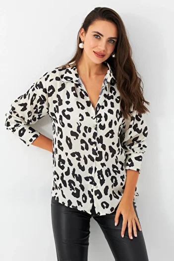 Cool & Sexy Leopard Print Satin Women's Shirt - Ecru Black Shr9