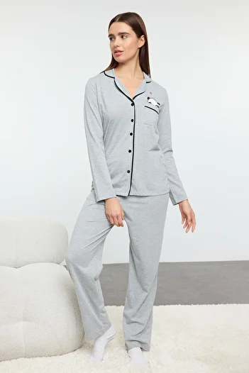 Trendyol Collection Комплект бавовняної піжами з принтом панди з сірого меланжу THMAW21PT0245