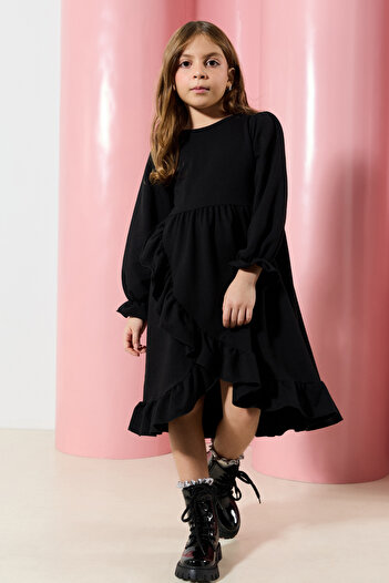 TRENDYOLKIDS Schwarzes, normales, gerades Baumwoll-Strickkleid für Mädchen TKDAW25EL00016