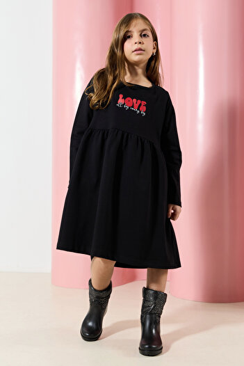 TRENDYOLKIDS Black Midi Knitted Dress - Cotton, Printed Tkdaw25El00008