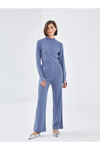 LC Waikiki Blue Elastic Waist Textured Women's Knitwear Trousers