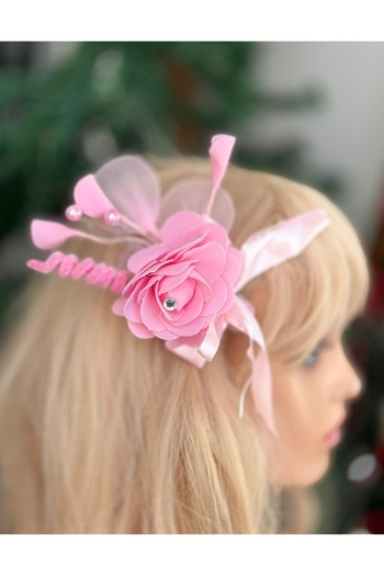 QUEEN AKSESUAR Pink Bridal Engagement - Invitation New Year's Eve Hair Side Clasp with Design Pearls, Tulle Large Flowers and Leaves