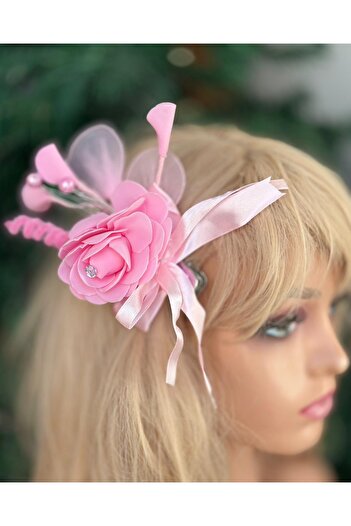 QUEEN AKSESUAR Pink Bridal Engagement - Invitation New Year's Eve Hair Side Clasp with Design Pearls, Tulle Large Flowers and Leaves