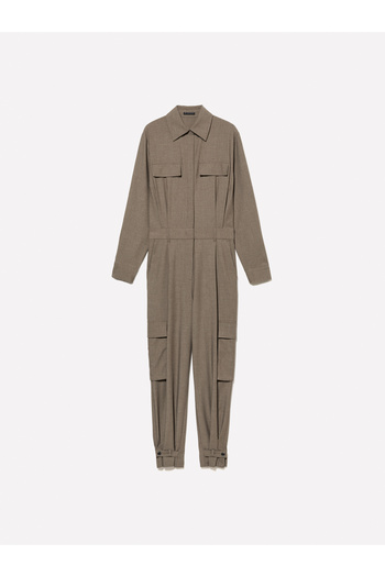 Sisley Women's Khaki Viscous Blended Cap Pocket Detail Pointed Collar Long Jumpsuit