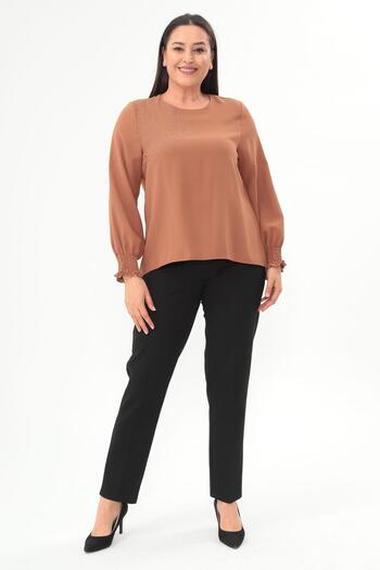 SERTUĞ Trend42Plus Plus Size Sleeve Gimped Camel Blouse