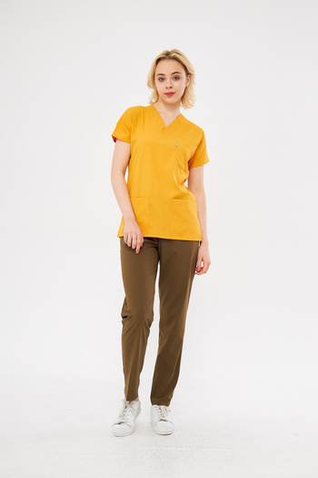 Class Üniforma Unisex Scrubs Suit - Μουστάρδα Χακί, Λύκρα, Μανίκι Νυχτερίδας, Στολή Νοσοκόμας και Γιατρού