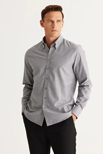 ALTINYILDIZ CLASSICS Men's Gray Slim Fit Narrow Cut Button Collar 100% Cotton Oxford Shirt