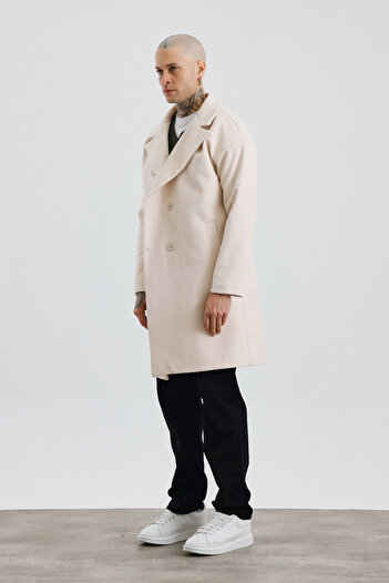İLKCET MODA Premium Cream Oversize Men's Buttoned Cashmere Coat