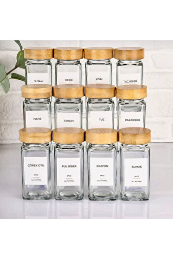 MİMOZA PARK 12 Pieces of Square Glass Spice Rack Set with Bamboo Lids (12 Labels and Pens as a Gift)
