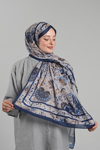 Giverny Ethnic Navy Blue μοτίβο βαμβακερό σάλι - κομμένες ίνες, ψηφιακή εκτύπωση, 202114 _02