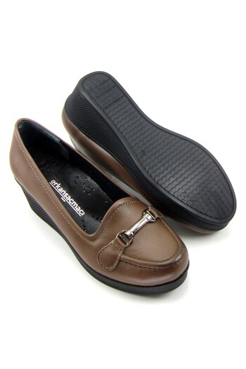 Erkan Saçmacı Maika Brown Leather Wedge Heeled Casual Shoes