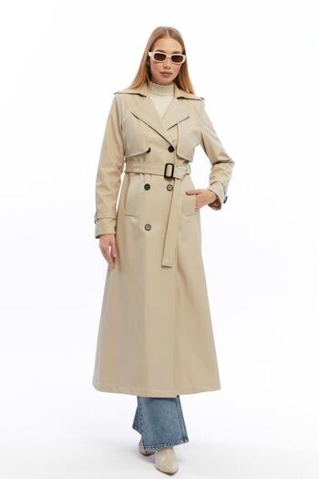 Jamila Long Leather Trench Coat with Double Pockets