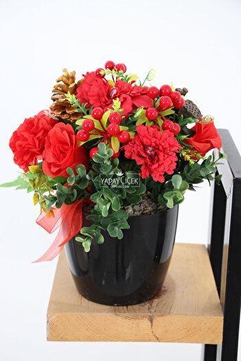 Yapay Çiçek Deposu Artificial New Year Table Decor Red Flowers Large Size