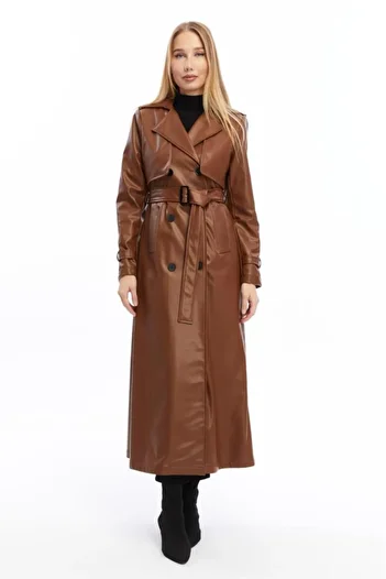 Jamila Long Leather Trench Coat with Double Pockets