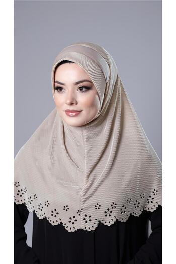 HÜRREM BONE Bej, practic, eșarfă hijab împletită, gata de fabricație, țesătură Fukuro, plisată, cu model de flori, tăiată cu laser 1829_12