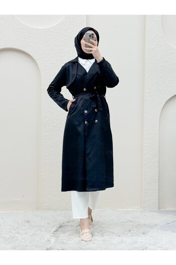 Modamorfo Waist Tie Double Button Shawl Trench Coat - Black
