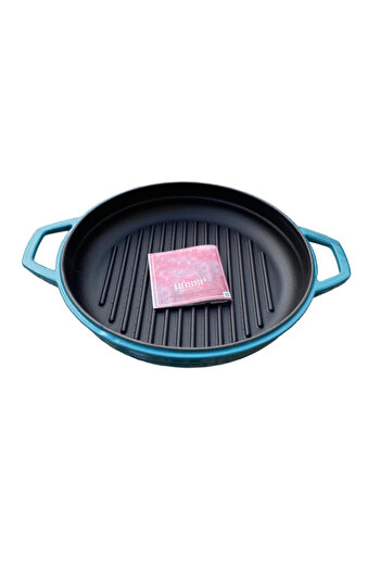 HOSSE Blue Double Handle 28 cm Round Iron Cast Grill Pan