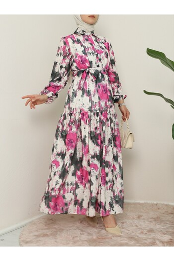 Modamorfo Tie Dye Printed Belted Piece Linen Dress -Fuchsia