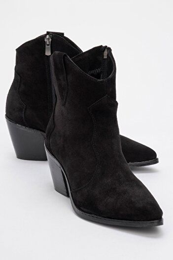 LuviShoes Γυναικείες μπότες με χοντρό τακούνι VALVIA Black Suede από γνήσιο δέρμα με φερμουάρ