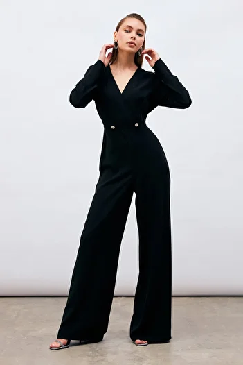 Sateen Double Breasted Ornamental Jewelled Crepe Jumpsuit - Black