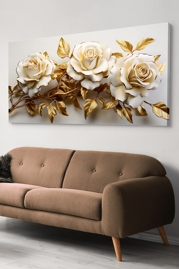 Evinemoda Gold Yapraklı Beyaz Çiçek Tek Parça Kanvas - Canvas Tablo