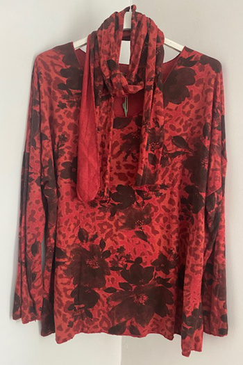 AYASOFYA OTANTIK Women's Italian Red Scarf Floral Print Oversize Long Sleeve Blouse