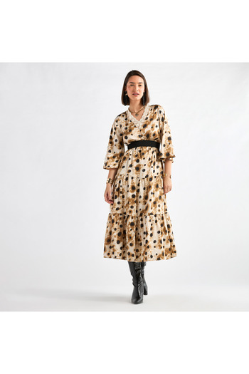 FAV Printed Midi Dress with Lace Detail and 3/4 Sleeves
