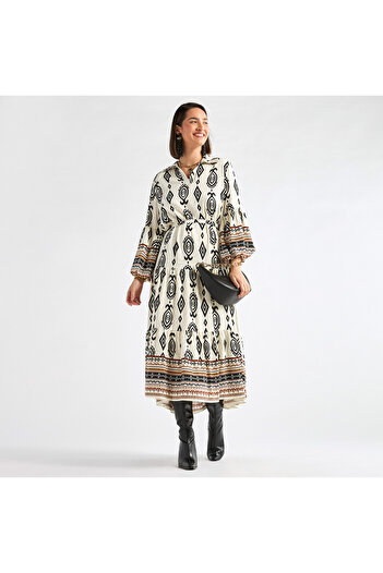 FAV Printed Midi Shirt Dress with Long Sleeves and Tie-Up Belt