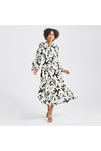 FAV Abstract Print Midi Dress with Mandarin Collar and Long Sleeves