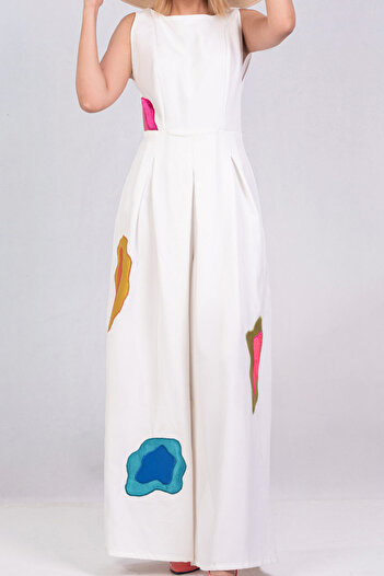 Gereh Style White Crepe Jumpsuit - Special Design, Bohemian Colored Embroidery Detail