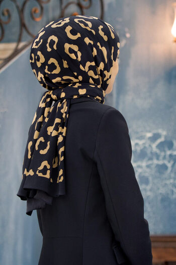 Vissona Luxury Medina - 75X195 Gold Color Leopard Print Anti-Wrinkle Shawl Moss Crepe Sewing Type Italian Sewing