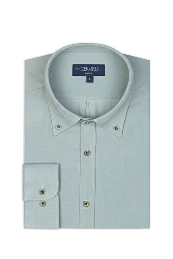 Germirli Green Thin Velvet Albini Button Collar Tailor Fit Pure Cotton Shirt